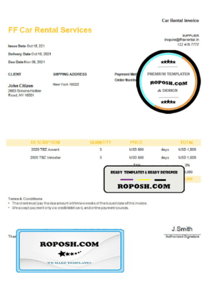 USA FF Car Rental Services invoice template in Word and PDF format, fully editable
