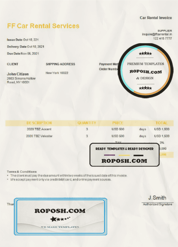 USA FF Car Rental Services invoice template in Word and PDF format, fully editable