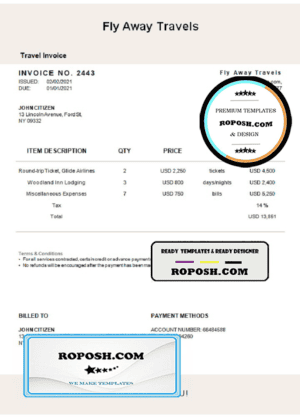 USA Fly Away Travels invoice template in Word and PDF format, fully editable