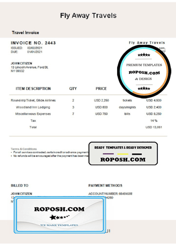 USA Fly Away Travels invoice template in Word and PDF format, fully editable