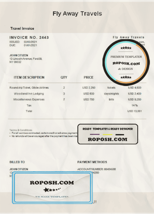 USA Fly Away Travels invoice template in Word and PDF format, fully editable