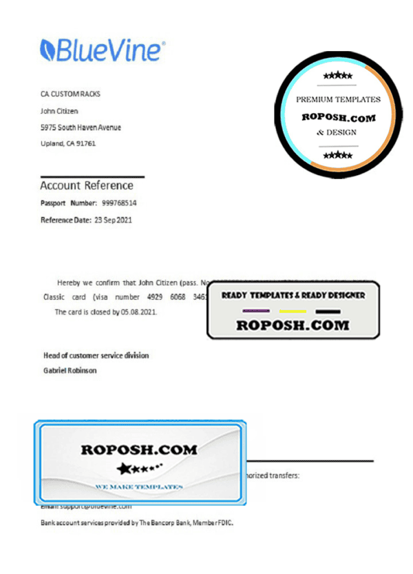 USA BlueVine bank account closure reference letter template in Word and PDF format