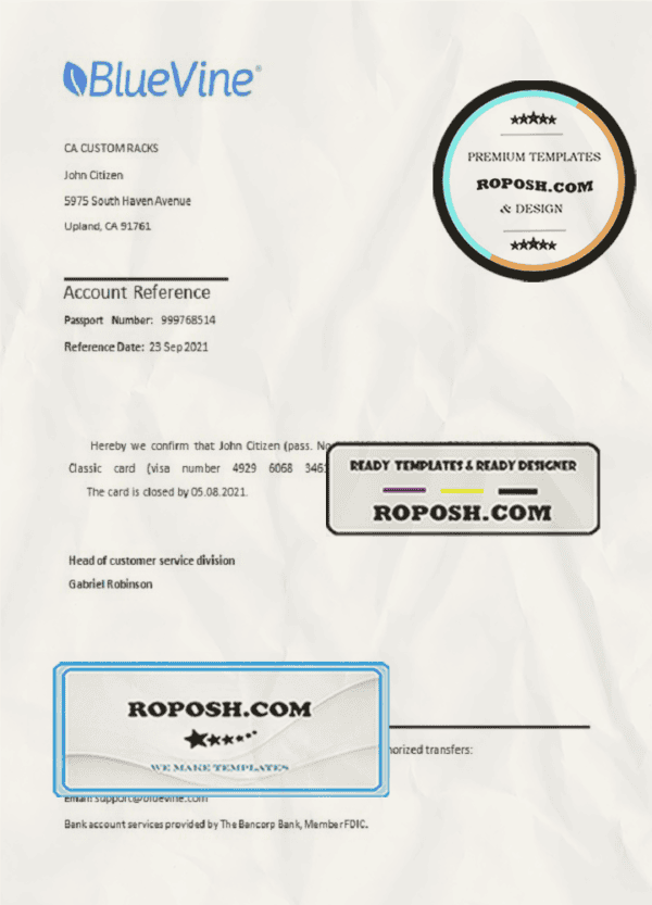 USA BlueVine bank account closure reference letter template in Word and PDF format