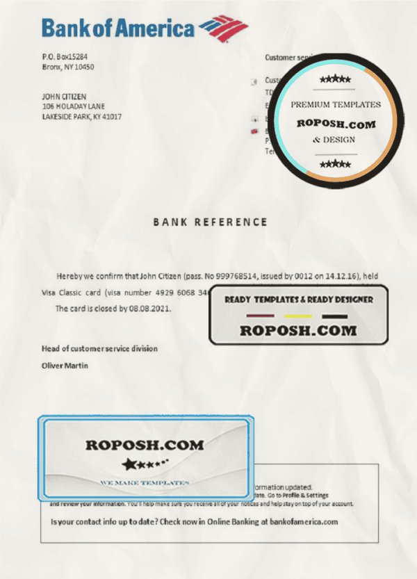 USA Bank of America bank account closure reference letter template in Word and PDF format
