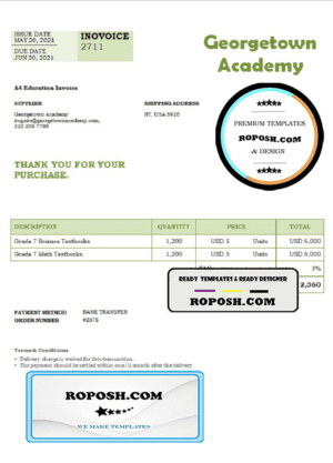 USA Georgetown Academy invoice template in Word and PDF format, fully editable