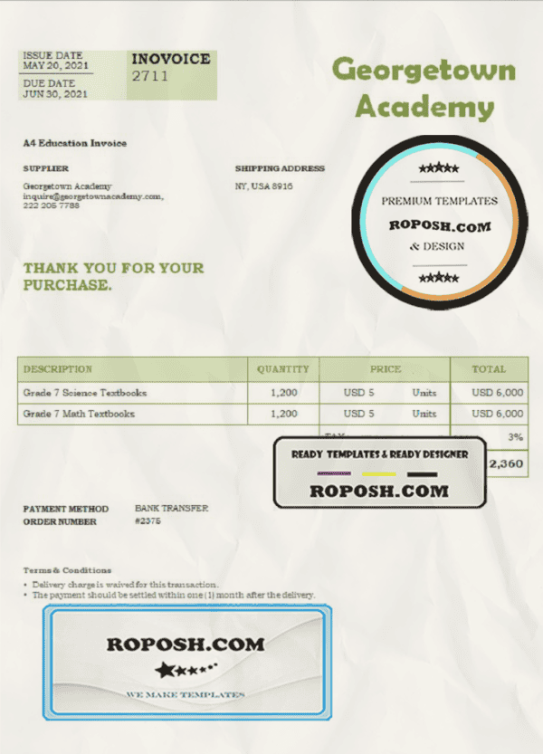USA Georgetown Academy invoice template in Word and PDF format, fully editable
