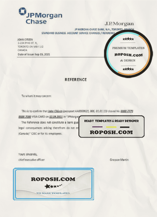 Canada JPMorgan Chase bank account closure reference letter template in Word and PDF format