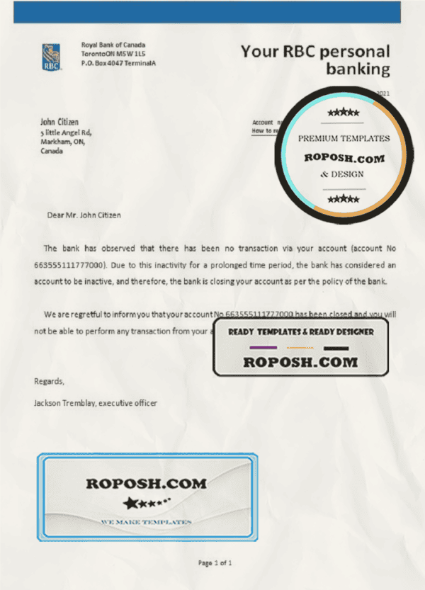 Canada Royal Bank of Canada (RBC) bank account closure reference letter template in Word and PDF format