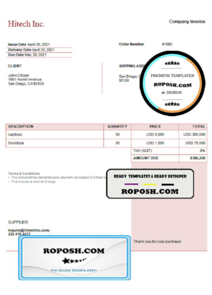 USA Hitech Inc. invoice template in Word and PDF format, fully editable