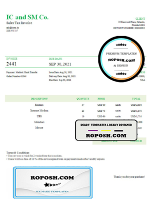 USA IC and SM Co. invoice template in Word and PDF format, fully editable