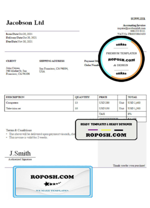 USA Jacobson Ltd invoice template in Word and PDF format, fully editable
