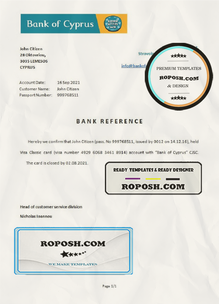 Cyprus Bank of Cyprus bank account closure reference letter template in Word and PDF format scan effect