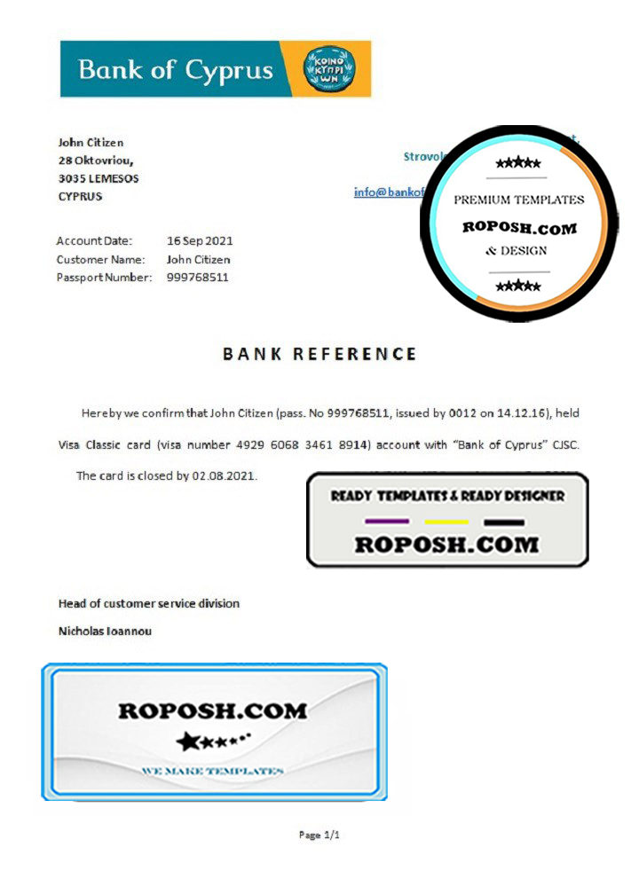 Cyprus Bank of Cyprus bank account closure reference letter template in Word and PDF format