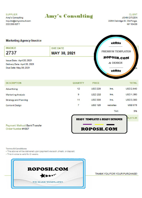 USA Amy’s Consulting invoice template in Word and PDF format, fully editable