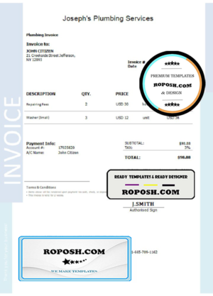 USA Joseph’s Plumbing Services invoice template in Word and PDF format, fully editable