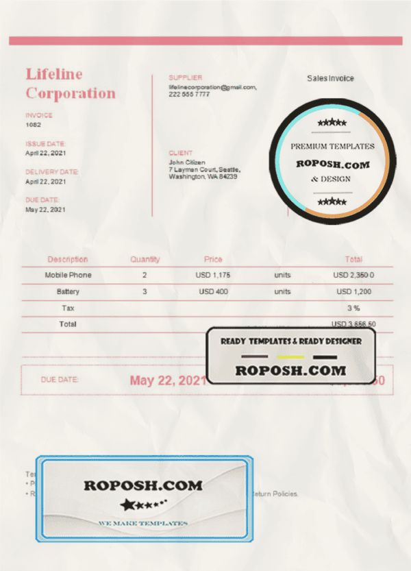 USA Lifeline Corporation invoice template in Word and PDF format, fully editable, version 2