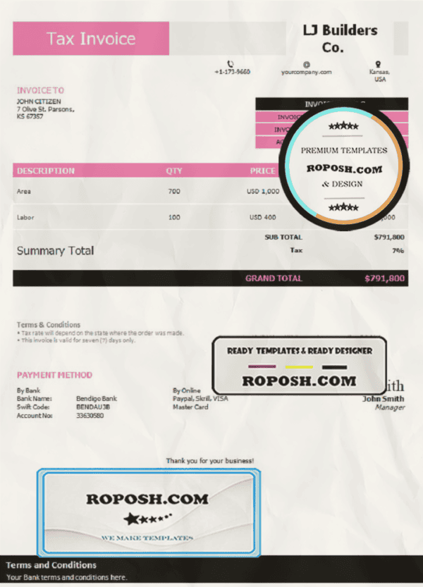 USA LJ Builders Co. invoice template in Word and PDF format, fully editable