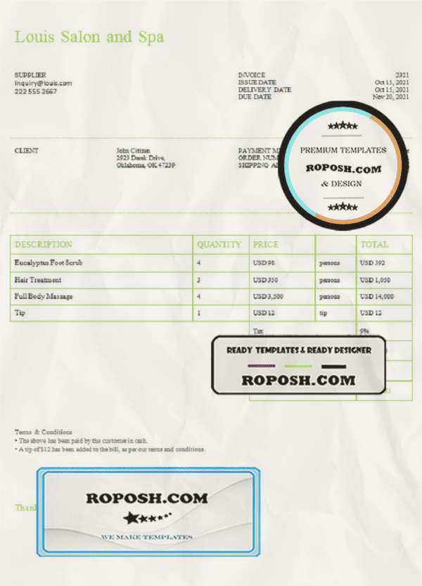 USA Louis Salon and Spa invoice template in Word and PDF format, fully editable