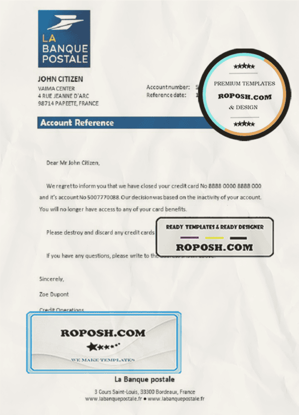 France La Banque Postale bank account closure reference letter template in Word and PDF format