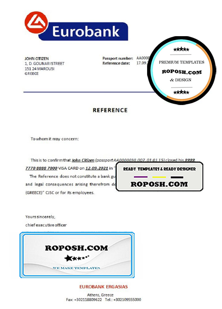 Greece Eurobank bank account closure reference letter template in Word and PDF format