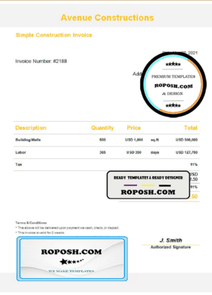 USA Avenue Constructions invoice template in Word and PDF format, fully editable