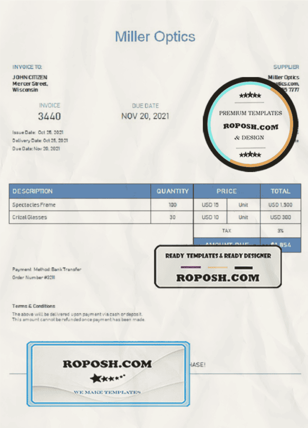 USA Miller Optics invoice template in Word and PDF format, fully editable