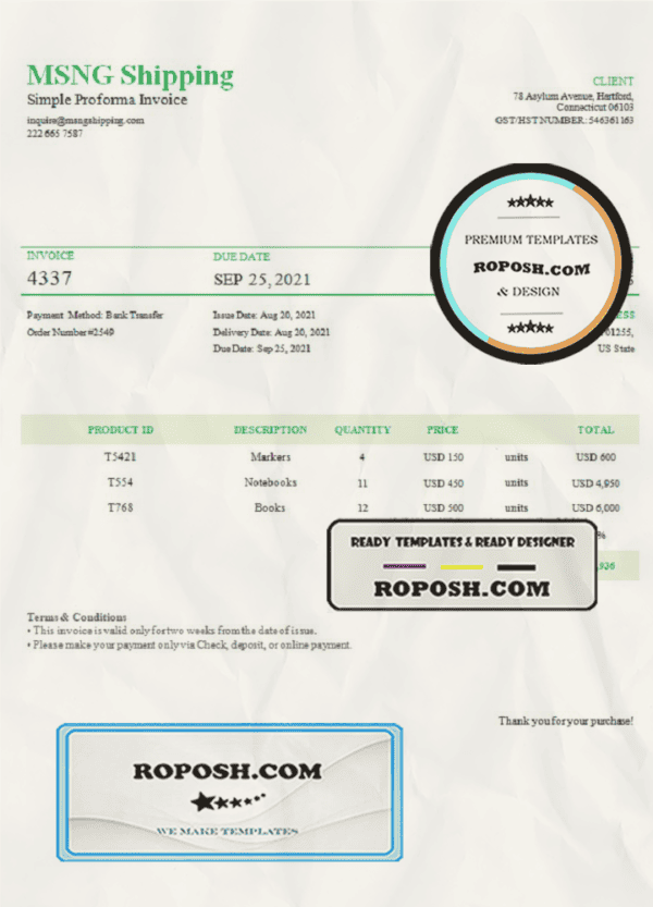 USA MSNG Shipping invoice template in Word and PDF format, fully editable