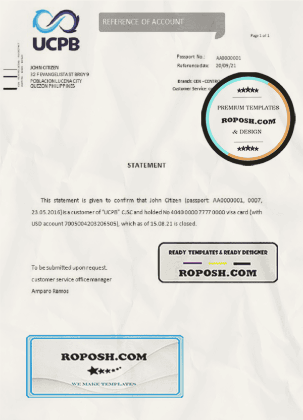 Philippines UCPB bank account closure reference letter template in Word and PDF format