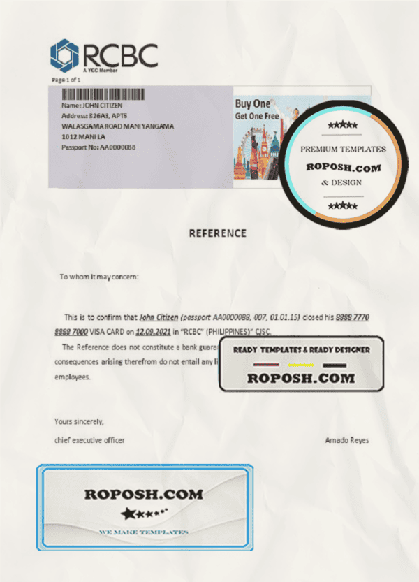 Philippines RCBC bank account closure reference letter template in Word and PDF format