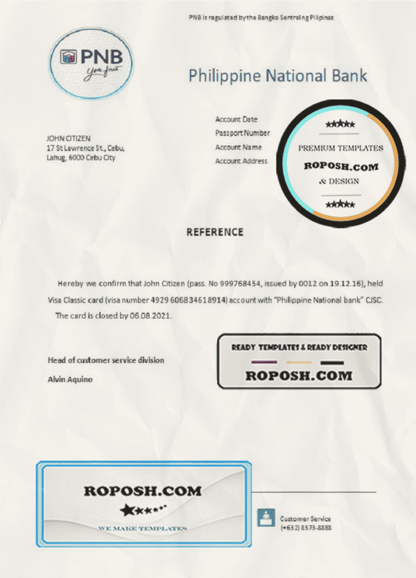 Philippines Philippine National Bank bank account closure reference letter template in Word and PDF format