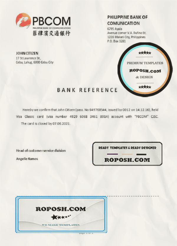 Philippines Pilippine Bank of Comunication bank account closure reference letter template in Word and PDF format
