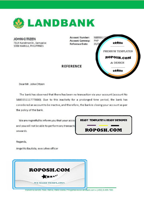 Philippines Landbank bank account closure reference letter template in Word and PDF format