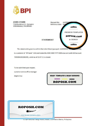 Philippines BPI bank account closure reference letter template in Word and PDF format