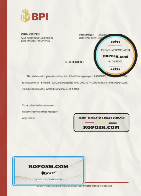 Philippines BPI bank account closure reference letter template in Word and PDF format