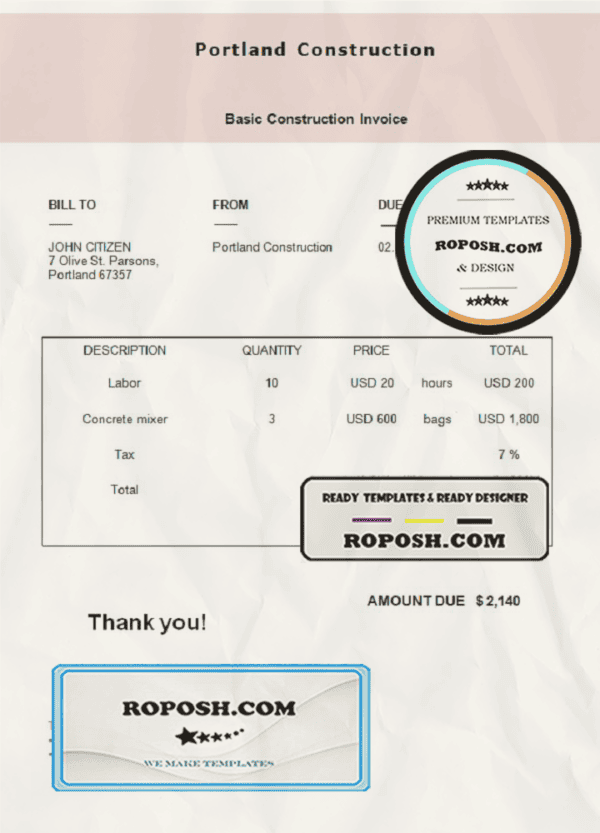 USA Portland Construction invoice template in Word and PDF format, fully editable