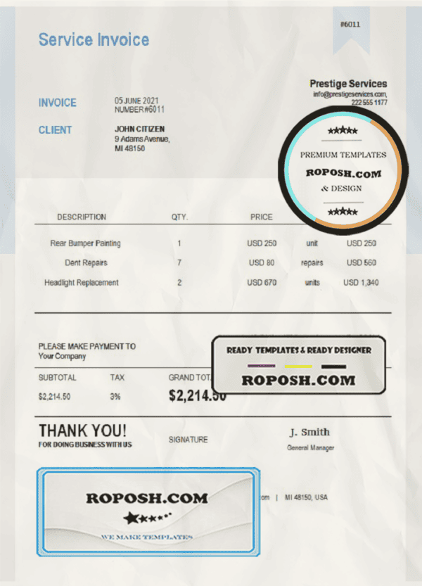 USA Prestige Services invoice template in Word and PDF format, fully editable