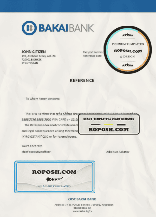 Kyrgyzstan OJSC Bakai Bank bank account closure reference letter template in Word and PDF format