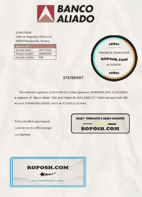 Panama Banco Aliado bank account closure reference letter template in Word and PDF format