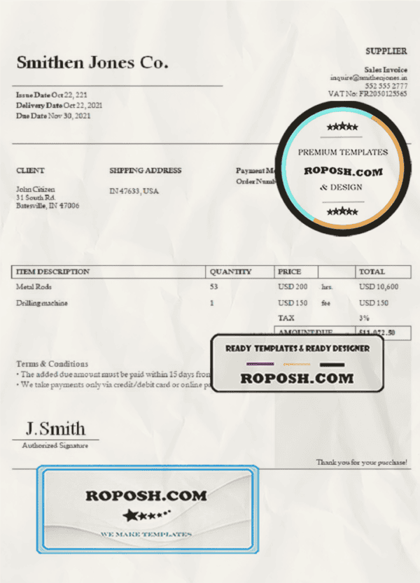 USA Smithen Jones Co. invoice template in Word and PDF format, fully editable