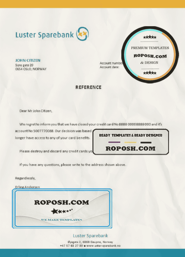 Norway Luster Sparebank bank account closure reference letter template in Word and PDF format