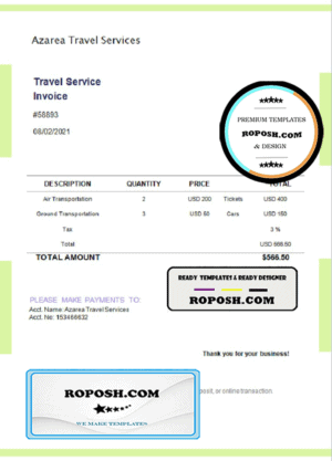 USA Azarea Travel Services invoice template in Word and PDF format, fully editable