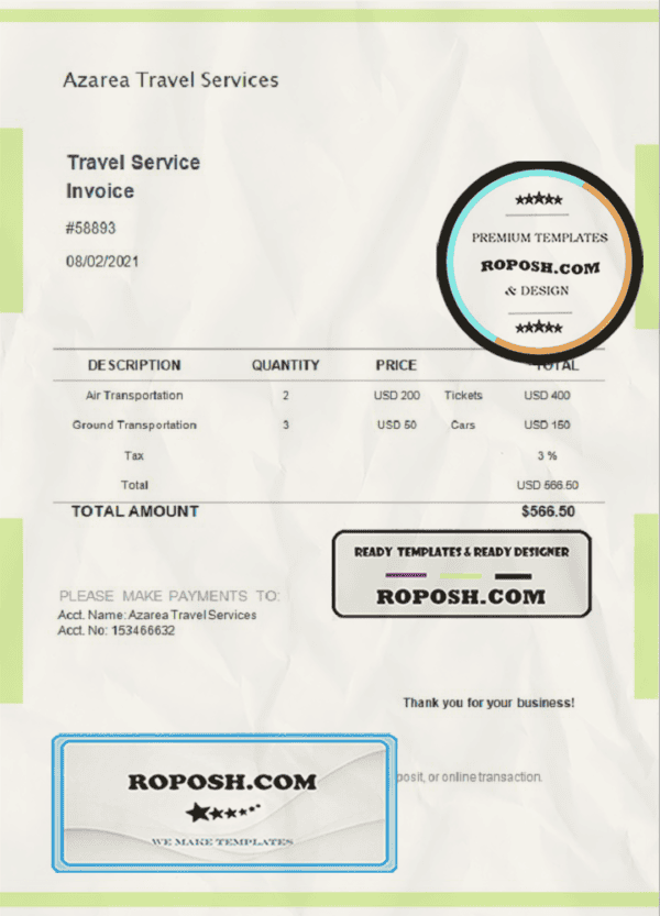 USA Azarea Travel Services invoice template in Word and PDF format, fully editable