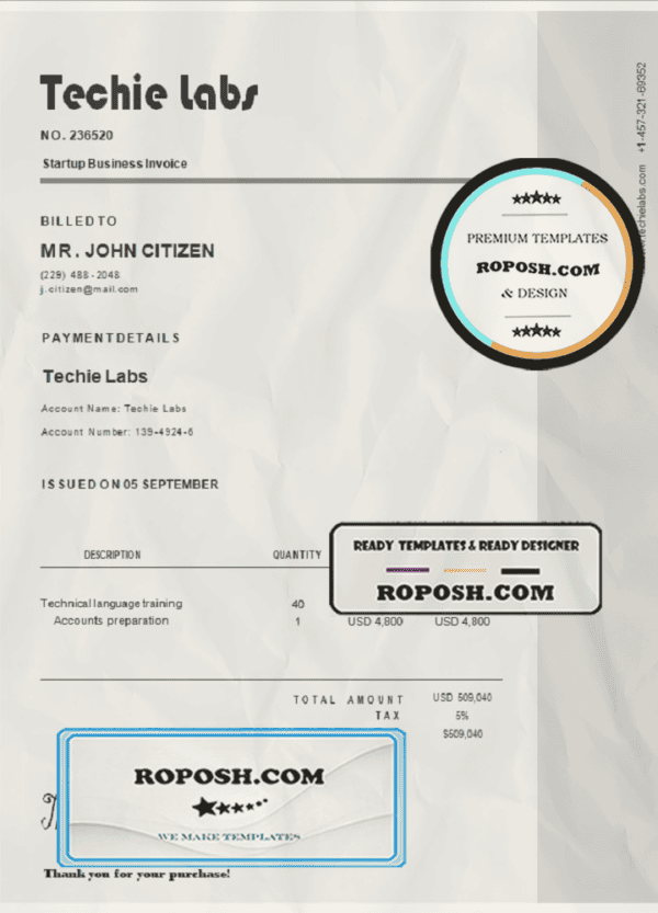 USA Techie Labs invoice template in Word and PDF format, fully editable