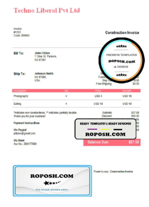 USA Techno Liberal Pvt Ltd invoice template in Word and PDF format, fully editable