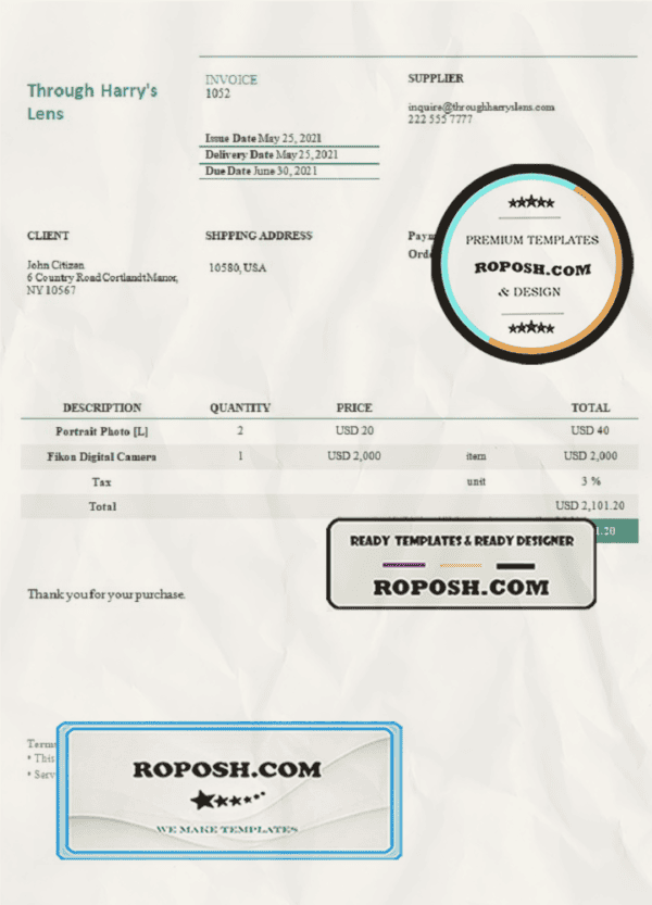 USA Through Harry’s Lens invoice template in Word and PDF format, fully editable