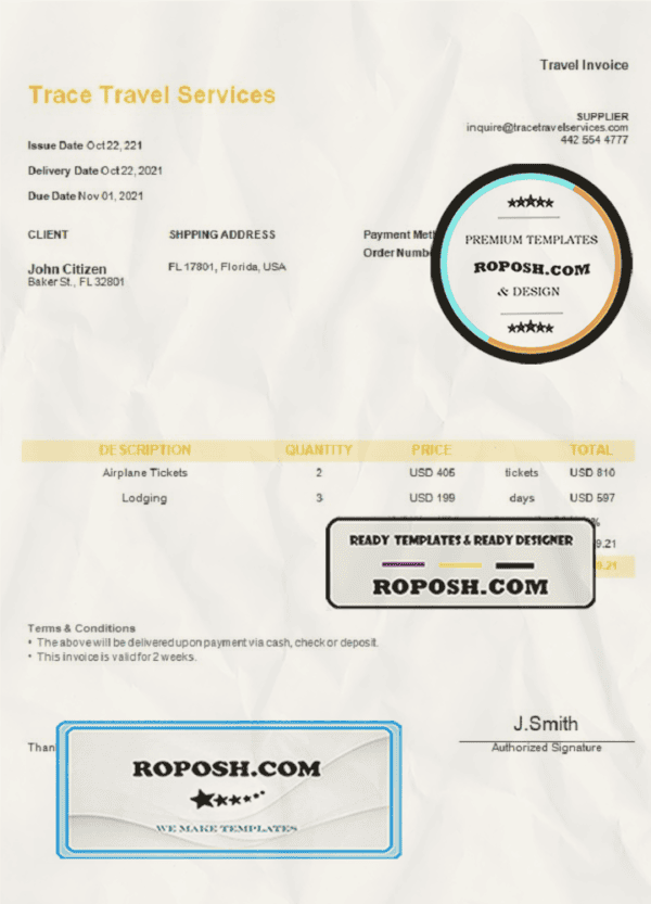 USA Trace Travel Services invoice template in Word and PDF format, fully editable