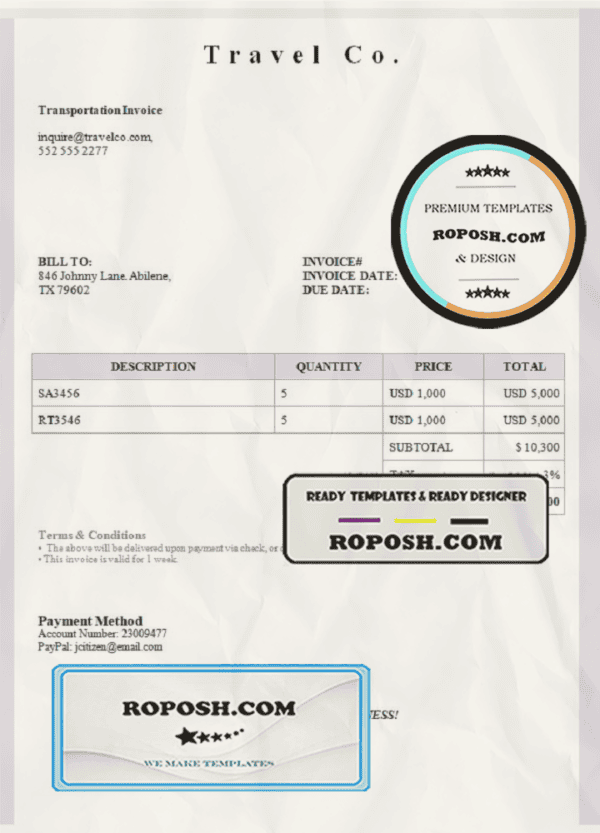 USA Travel Co. invoice template in Word and PDF format, fully editable
