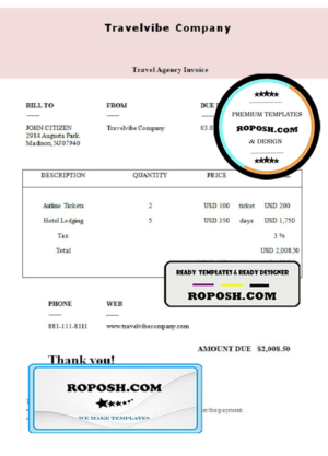 USA Travelvibe Company invoice template in Word and PDF format, fully editable