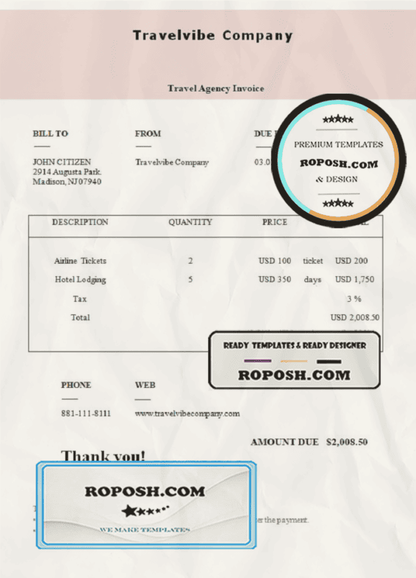 USA Travelvibe Company invoice template in Word and PDF format, fully editable