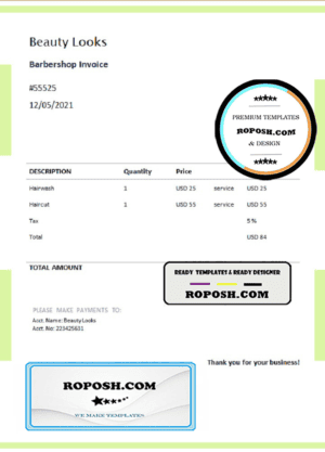 USA Beauty Looks invoice template in Word and PDF format, fully editable